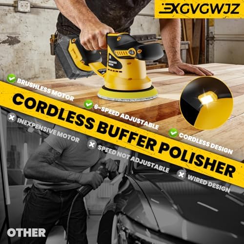 Cordless Buffer Polisher for Dewalt 20V Battery, 450W Brushless Car Buffer Polisher Waxer with 6 inch disc, 6 Variable Speed Up to 5200 RPM for Waxing Polishing Scratch Removal (Tool only)
