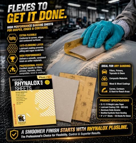 Indasa 50 PCS 9x11 Sandpaper Rhynalox Plusline - 280 Grit Dry Sanding Sheets, Professional-Grade Abrasive for Wood, Metal, Automotive, and Paint Finishing - Durable, Clog-Resistant Sand Paper