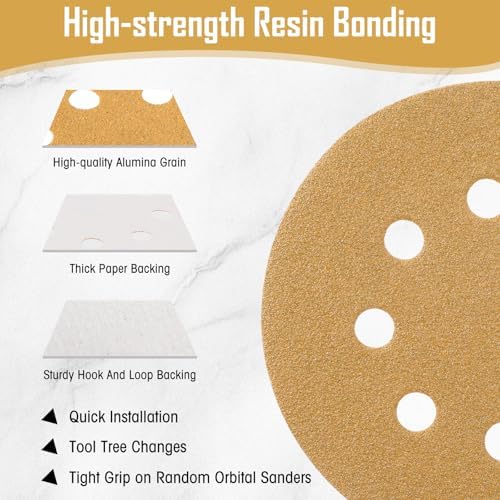 500 Pcs 5 Inch 8 Hole Sanding Discs, 60/80/120/220/320, Yellow