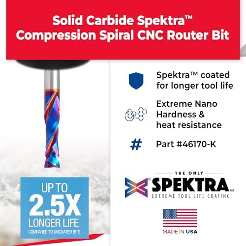 Amana Tool Spektra Extreme Tool Life Solid Carbide CNC Compression Spiral Router Bit, 46170-K, 1/4 D x 7/8 CH x 1/4 Shank x 2-1/2 Inch Long 2 Flute