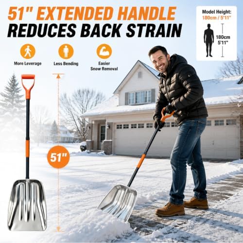 Metal Snow Shovel, Heavy Duty Stainless Steel Scoop Shovel for Snow Gravel