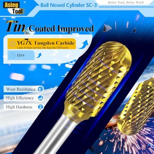 SC-3 5pcs Tungsten Carbide Burr TiN Rotary File Cylindrical Ball Nose End Shape Double Cut for Die Grinder Drill Bits 1/4'' Inch Shank and 3/8'' Inch Diameter of Cutter 3/4'' Inch Cutter Length