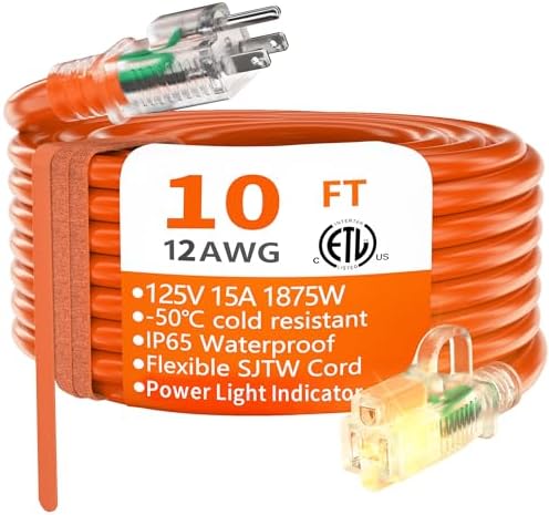 HUANCHAIN 10FT 12 Gauge Extension Cord Orange, Outdoor Electric Cable