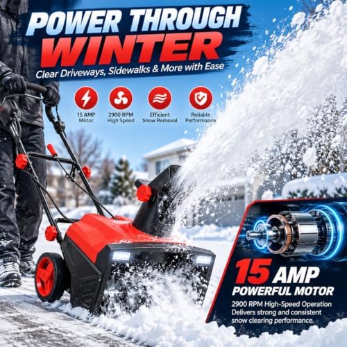 20-Inch Corded Electric Snow Thrower, 15 Amp Corded Snow Blower with Dual LED Lights, 180° Rotating Chute, 30 FT Throw Distance, 10-Inch Clearing Depth for Driveways, Walkways & Patios