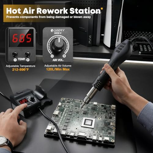 GOORY 8858-V Hot Air Rework Station Kit, Compact Digital Heat Gun with PID Control, Auto Standby, Adjustable Temp & Airflow, °F/°C Display (212°F~896°F) for SMD Desoldering, Electronics & Phone Repair