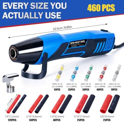 350W Mini Heat Gun Kit with 460pcs Waterproof Solder Seal Wire Connectors & 3:1 Heat Shrink Tubing, Dual-Temp 482°F/752°F (250°C & 400°C) Fast Heating for Automotive, Marine, Wiring Repair 10-26 AWG