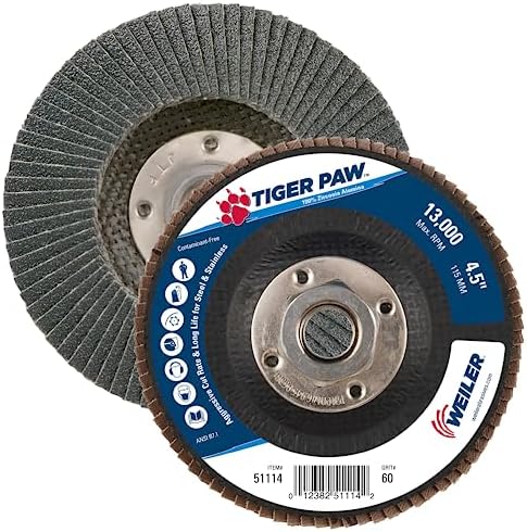 Weiler 51114 4-1/2" Tiger Paw Abrasive Flap Disc, Flat (Ty27), Phenolic Backing, 60Z, 5/8"-11 Unc Nut (Pack of 10)