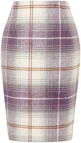 IDEALSANXUN Plaid Skirts for Women Fall Winter Knee Length Pencil Wool Skirt with Slit