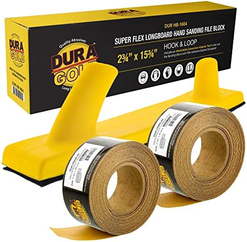 Dura-Gold Pro Series Super Flex Longboard Hand Sanding File Block with Hook & Loop Backing and PSA Backing Adapter Pad & 80 and 220 Grit PSA Longboard Sandpaper 20 Yard Roll, 2-3/4" Wide
