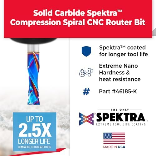 Amana Tool Spektra Extreme Tool Life Coated Solid Carbide CNC Compression Spiral Router Bit, 46185-K, 12mm D x 35mm CH x 12mm Shank x 76mm Long
