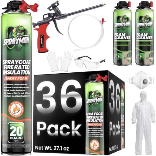 Sprayman Spraycoat Fire Rated Spray Foam Insulation Kit 720 Sq Ft (36x27.1oz) - High R-Value (11.32 / 2in) Heat & Noise Reduction, Closed Cell Foam for Wall & Attic - Gun, 2 Cleaners & Safety Gear