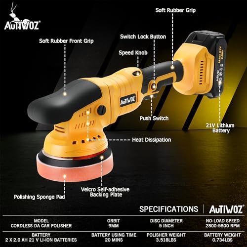 AUTIWOZ Cordless Car Buffer Polisher, 2x2000mAh 21V Batteries 5 Inch Random Orbital Polisher for Car Detailing, Waxing, Polishing, Scratch Removing, 6 Variable Speed Car Buffer Polishing Kit