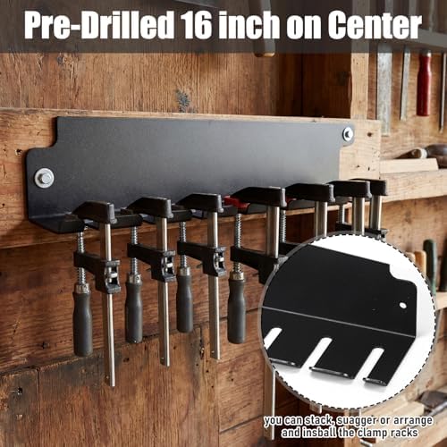 LEIFIDE 6 Pack Parallel Clamp Rack Black Help to Store Heavy Duty Clamps 16'' Long Stainless Steel Clamp Holder Pre-Drilled 16 inch on Center for Mounting to Wall Stud Workshop Organizer and Storage