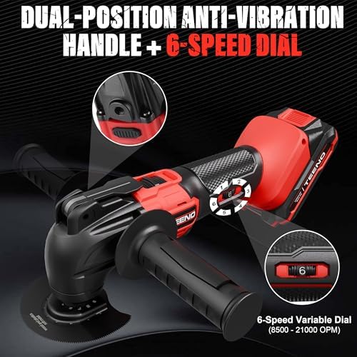TEENO 20V Cordless Oscillating Tool with 2 Batteries, 4° Oscillation Angle Oscillating Saw, 6 Variable Speeds with Quick-Lock Change System, 26PCS Multitool Blades & Carrying Bag for DIY Projects