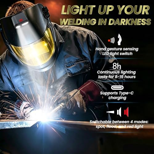 Large View True Color Auto Darkening Welding Helmet with LED Light - Solar Powered, 4 Arc Sensors, 1/1/1/1 Optical Clarity, Wide Shade 4/5-13 for TIG MIG ARC Grind