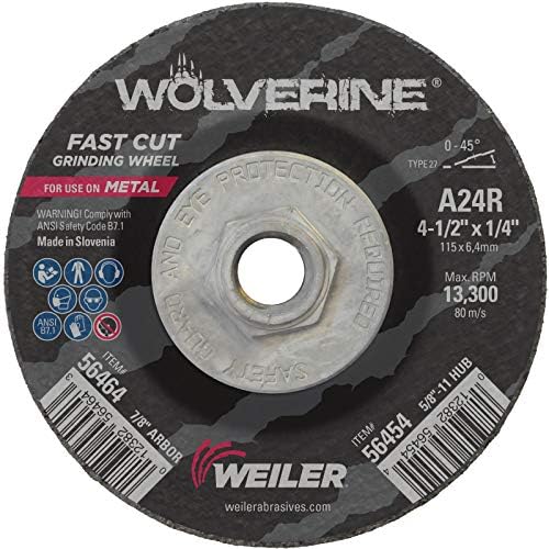 Weiler 56454 4-1/2" x 1/4" Wolverine Type 27 Grinding Wheel, A24R, 5/8"-11 UNC Nut (Pack of 10)