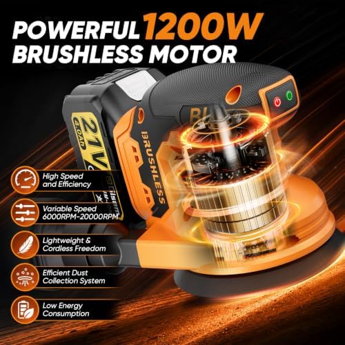 Gisam Cordless Random Orbital Sander with 2*4.0Ah Battery, Brushless Motor