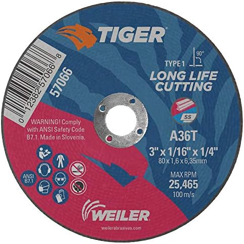 Weiler 57066 3-Inch Cutting Wheel, Tiger AO Steel/Metal Long Life, Performance Cutting, 1/16" A36T Type 1 1/4" Arbor (Pack of 100)