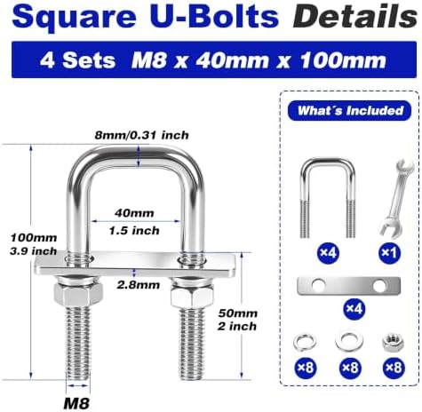 4 Pcs Heavy Duty M8 Square U Bolts Kit, 1.5 Inch Wide 304 Stainless Steel U-Bolt with Frame Plates and Washers, Marine Grade U Bolt M8 x 40mm W x 100mm L Trailer Axle Clamp