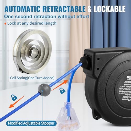 VEVOR Retractable Extension Cord Reel, 50 FT, Heavy Duty 14AWG/3C SJTOW Extension Power Cord with Lighted Triple Tap Outlet, 13A Circuit Breaker 180° Swivel Bracket for Ceiling or Wall Mount, Blue