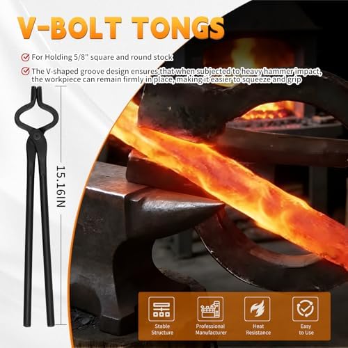 Blacksmith Tongs Set 4PC: Wolf Jaw Tongs, V-Bit Bolt, Flat, Blade; Blacksmith Tools Set for Knife Making Forge Tongs, High-Strength Forged Steel for Blacksmith & Bladesmiths