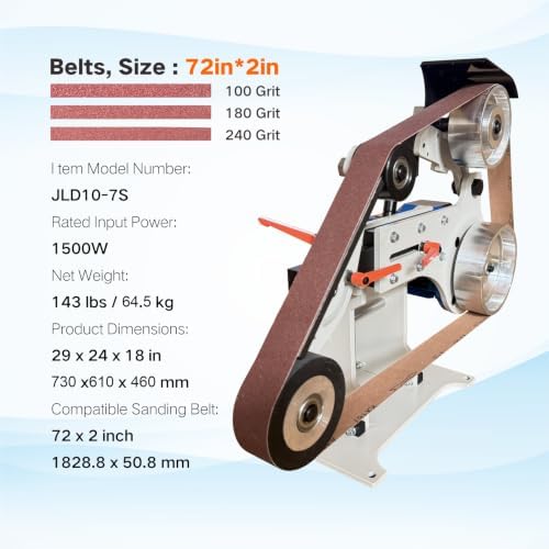Belt Grinder Sander, 2x72 Inch Belt, 1500W Electric Motor with 2.2KW VFD, 2 sets of grinding kits with 3 grinding methods,Vertical and Horizontal operation includes 3 sanding belts.