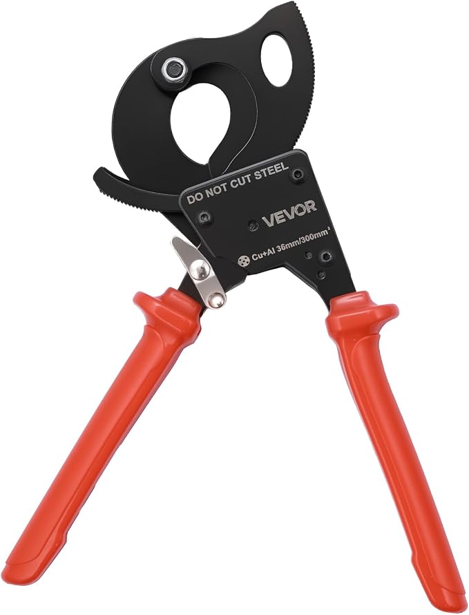 VEVOR Ratcheting Cable Cutter, Spring Steel Blades with PVC-Coated Handles, Quick-Release Button, Heavy Duty Ratchet Cable Wire Cutter for Cutting Copper & Aluminum Cables Up to 600 MCM / 300 mm²