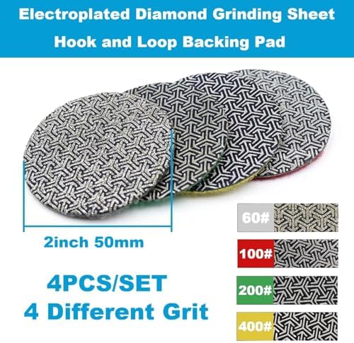 4PCS Electroplated Diamond Sanding Paper Sheet Pad, 60# 100# 200# 400# Grit 2 inch 50 mm Grinding Sandpaper Pad Hook and Loop Backing for Metal Glass Porcelain Ceramic Hand Polishing Trimming