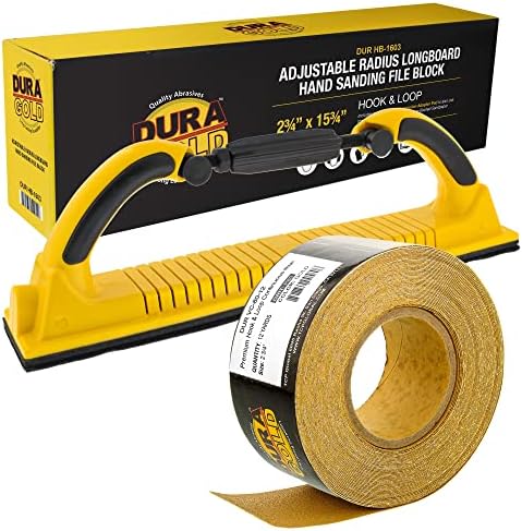 Dura-Gold Pro Series Adjustable Radius Flex Longboard Hand Sanding File Block with Both Hook & Loop Backing and PSA Adapter Pad & 80 Grit PSA Longboard Sandpaper 12 Yard Roll, 2-3/4" Wide
