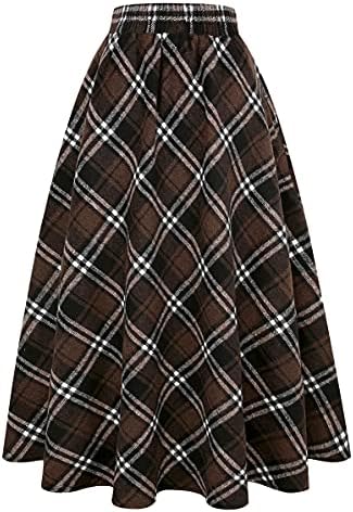 IDEALSANXUN Womens Plaid Wool Skirts Elastic Waist A-Line Pleated Tartan Long Skirts