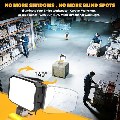 2PCS LED Work Light Compatible with 20V Battery, 150W 15000LM Flood Light, 6500K Daylight 3-Head Adjustable, USB Type-C&2 Brightness Modes Portable Flashlight Job Site Light (Tool Only)