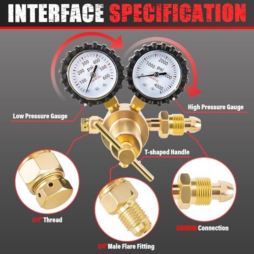 Nitrogen Regulator CGA580 Inlet, 1/4-Inch Male Flare Outlet Connection, Heavy-Duty Handle, Self-reseating Relief Valve, Nitrogen Regulator Hvac (CGA580（0-600PSI with Hose）)