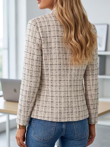 Mina Self 2026 Fall Women's Open Front Tweed Blazer,Plaid Fitted Jacket