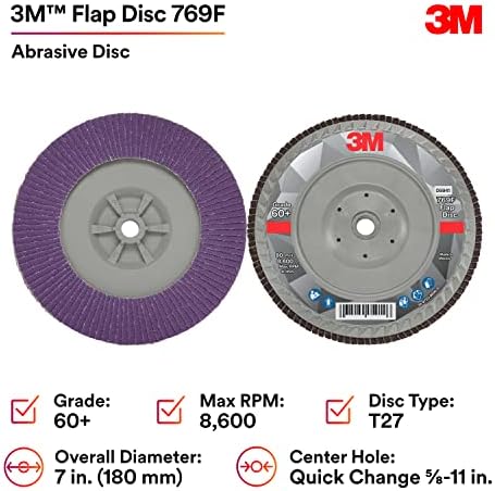 3M Flap Disc, 769F, 60+, T27 Quick Change, 7 in x 5/8 in-11