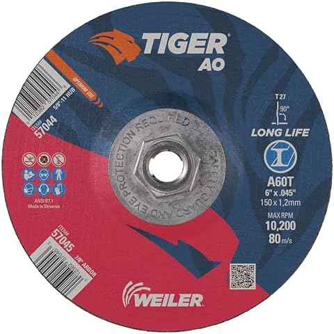 Weiler 57044 6 Inch Cutting Wheel, Tiger AO Steel/Metal Long Life Performance Cutting, .045" A60T Type 27 5/8"-11 Hub, Pack of 10