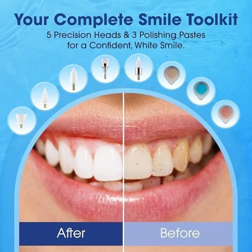 Tooth Polisher Plaque Remover for Teeth, Whitening Kit with 10 Brush Heads & 6 Polishing Pastes, 5 Smart Modes to Effectively Remove Stains, Yellowing and Plaque, Rechargeable, Black