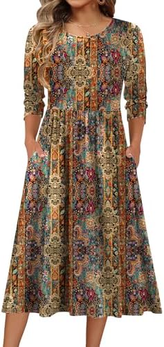 Zeagoo 3/4 Sleeve Women's Dress Casual Aline Summer Fall Midi Long Dresses