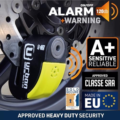 URBAN UR10 Approved Motorcycle Disc Lock with Smart Alarm | 120dB, LED, Warning, A+ Sensitivity, X2 ON | SRA & Sold Secure Gold Tested Anti-Theft for Motorbike | 10mm Double Locking, Hardened Steel