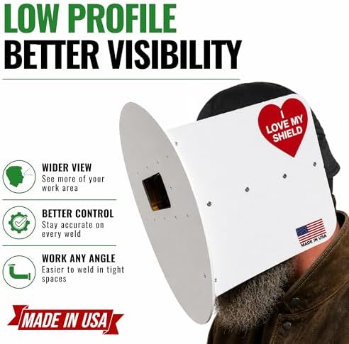 White Pancake Welding Hood Right Handed, 2" x 4-1/4" Lens Welding Shield, ANSI Z87.1, Lightweight Low Profile