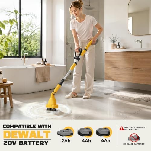 NATBEESY 2 in 1 Electric Spin Scrubber Compatible with DeWalt 20V Battery(Tool Only), Dual-Head Power Scrubber, 680/1200 RPM, 45° Adjustable Head, Extendable Handle for Tile, Tub, Floor & Bathroom