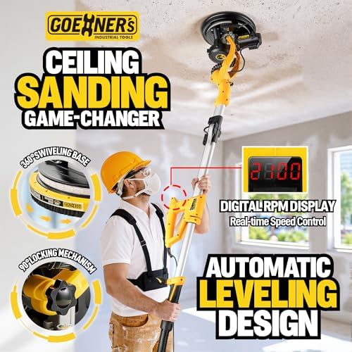Drywall Sander, 950W 8.5A Electric Drywall Sander with Vacuum Dust Collector, 9 Variable Speed 800-2100RPM, 26FT Power Cord, Wall Sander for Popcorn Ceiling, Pole Sander for Drywall
