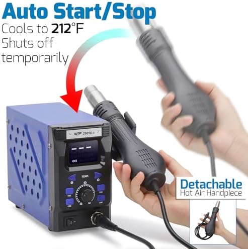 WEP 2009D-II Hot Air Soldering Station, Hot Air Rework Station with Detachable Soldering Heat Gun, 4 Preset Channels, Digital LED Display, Adjustable Temperature 212-896°F, PID Temp Stabilization