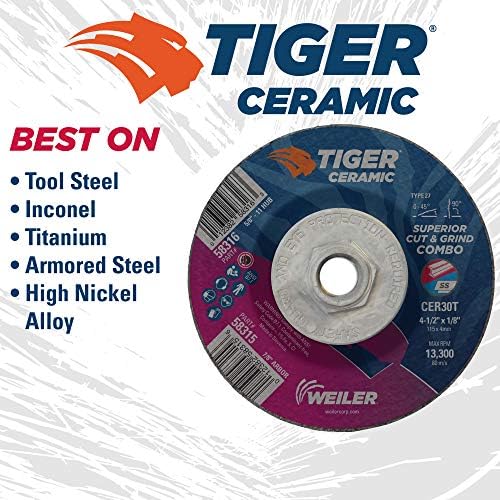 Weiler 58316 4-1/2 x 1/8 Tiger Ceramic Type 27 Cut Off/Grind Combo Wheel CER30T 5/8-11 Nut (Pack of 10)