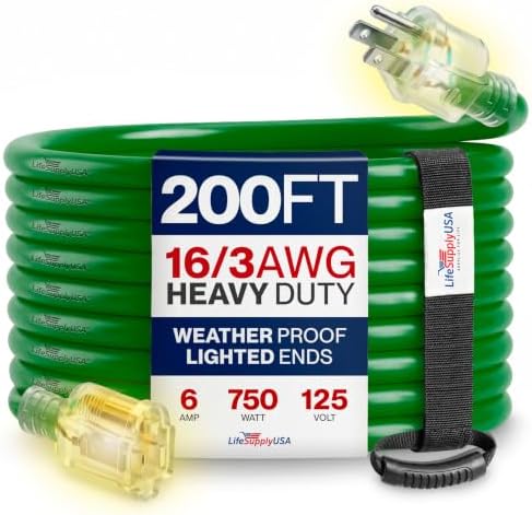 200ft Outdoor/Indoor Extension Cord 16/3 Gauge Heavy Duty 3 Prong SJTW (5-15P/5-15R), Waterproof, Flexible Cold-Resistant Long Power Cord,6A 125V 750W, Green by LifeSupplyUSA