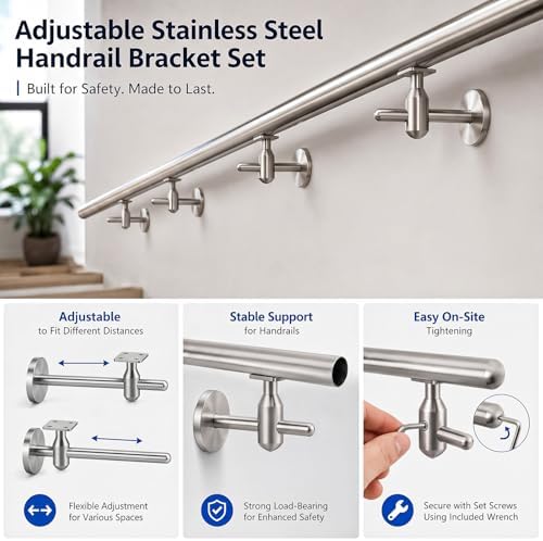 Flutesan 5 Pack 8.27 Inch Handrail Brackets | 304 Stainless Steel Adjustable Stair Railing Brackets with Wrench, Indoor/Outdoor Banister Support for DIY Installation
