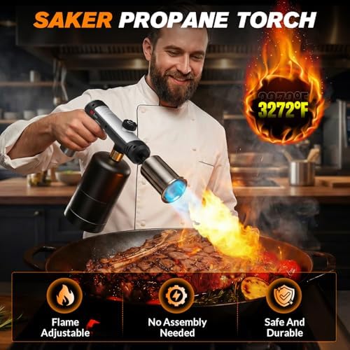 Saker Propane Torch,3272°F High Heat Adjustable Flame Thrower Gun with Safety Lock,Propane Torch Gun Flamethrower for BBQ, Grill, Campfire,Searing Steak, Cooking and Camping(Tank Not Included)