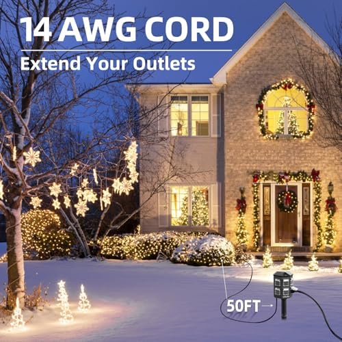 TiFFCOFiO Outdoor Power Strip Weatherproof, 50 FT Extension Cord with Power Stake, 6 Grounded Outlets for Outdoor Lights, 15A/1875W, ETL Listed