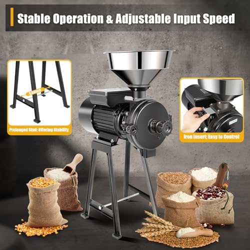 Electric Mill Grinder, 1500W Grain Milling Machine, 110V1400r/m Commercial 9.64Inch Stud Length 5.9Inches Cast Steel Abrasive Disc Dry Items Grinding w/Stainless Steel Funnel, Capacitor Box, Black