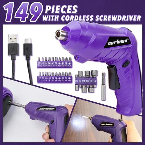 CARTMAN 149PCS Tool Set, Purple Cordless Screwdriver, Home Repair Tool Kit