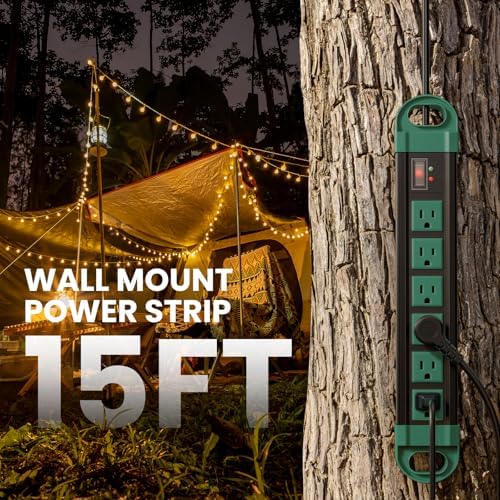 HHSOET GFCI Outdoor Power Strip Weatherproof IPX6 Waterproof, Green 15FT